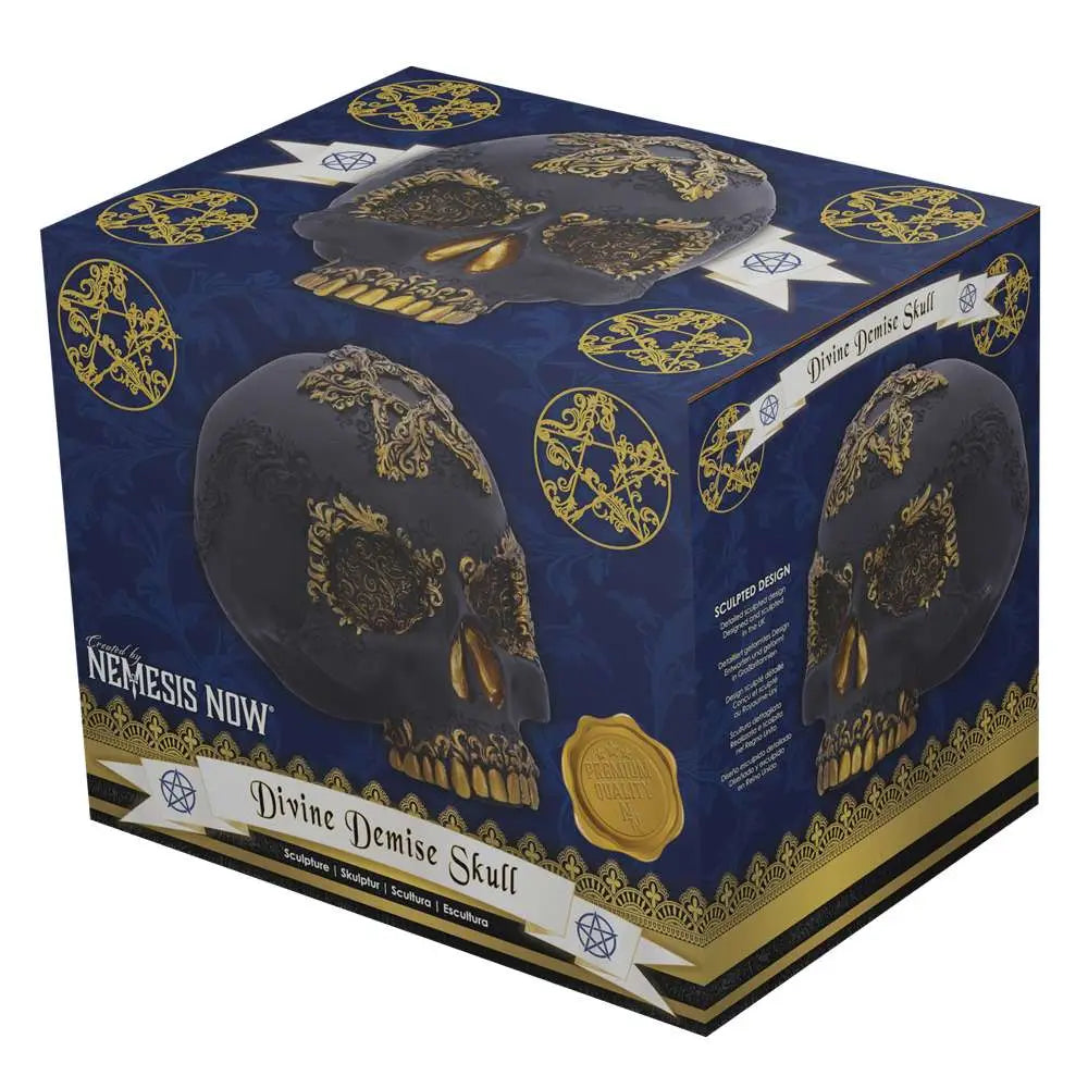 NEMESIS NOW DIVINE DEMISE BLACK GOLD SKULL FIGURA 15.5 cm