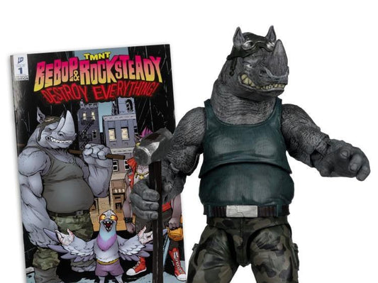 TEENAGE MUTANT NINJA TURLES 5IN FIGURE WITH COMIC WV2 ROCKSTEADY