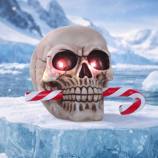 NEMESIS NOW FROSTBITE CANDY CANE LED SKULL FIGURA 12 cm