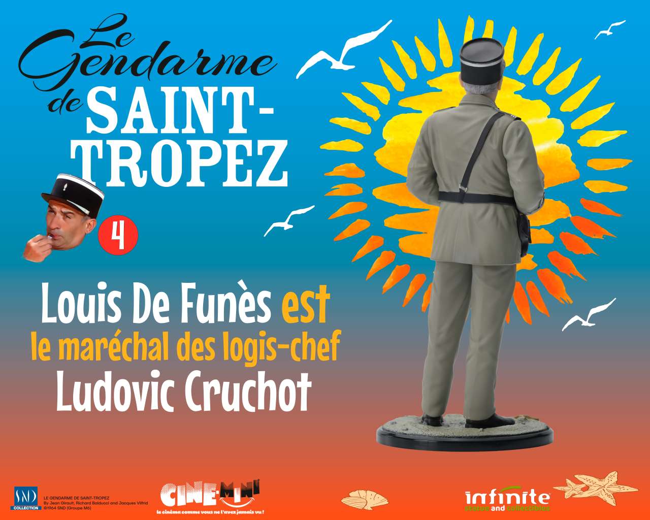 INFINITE STATUE LE GENDARME DE SAINT-TROPEZ #4 LOUIS DE FUNES EST LE MARECHAL DES LOGIS-CHEF LUDOVIC CRUCHOT FIGURA 16 cm