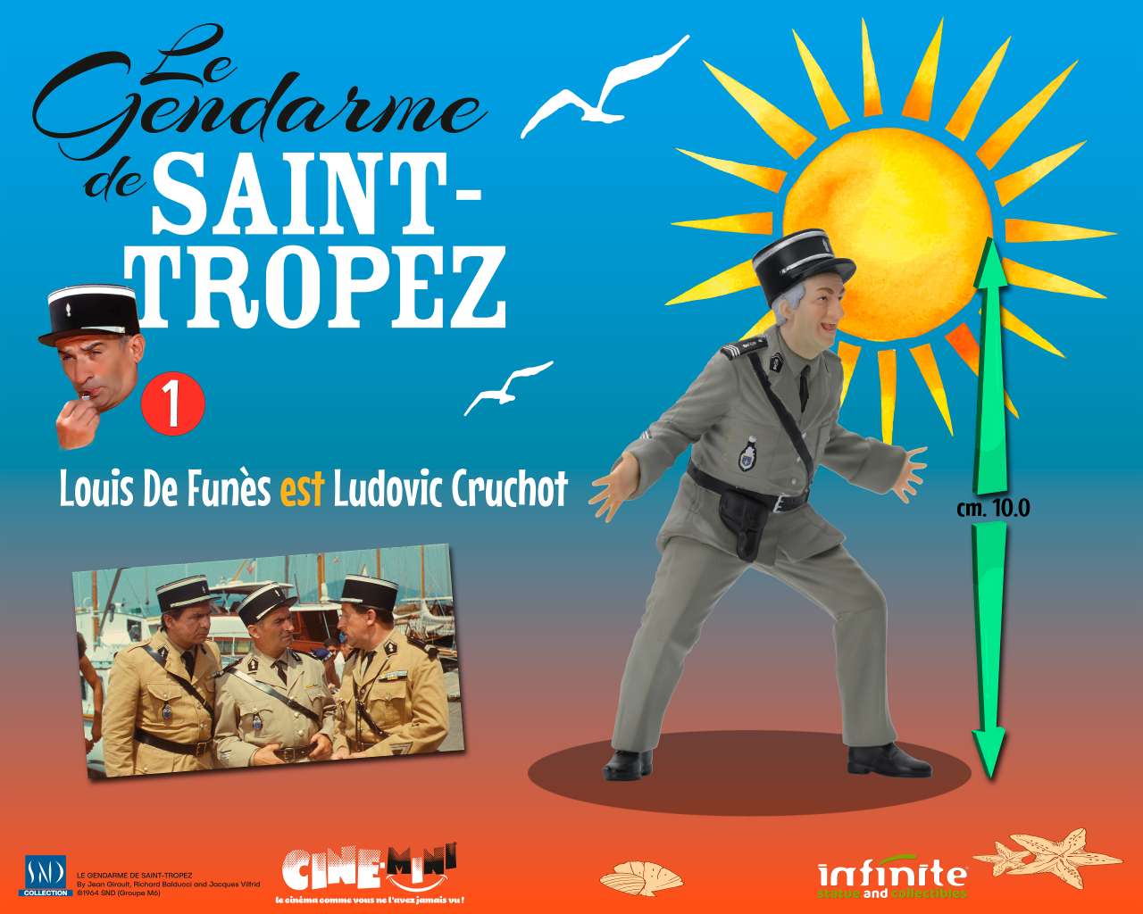 INFINITE STATUE LE GENDARME DE SAINT-TROPEZ #1 LOUIS DE FUNES EST LUDOVIC CRUCHOT CINE-MINI PVC MINI FIGURA 10 cm