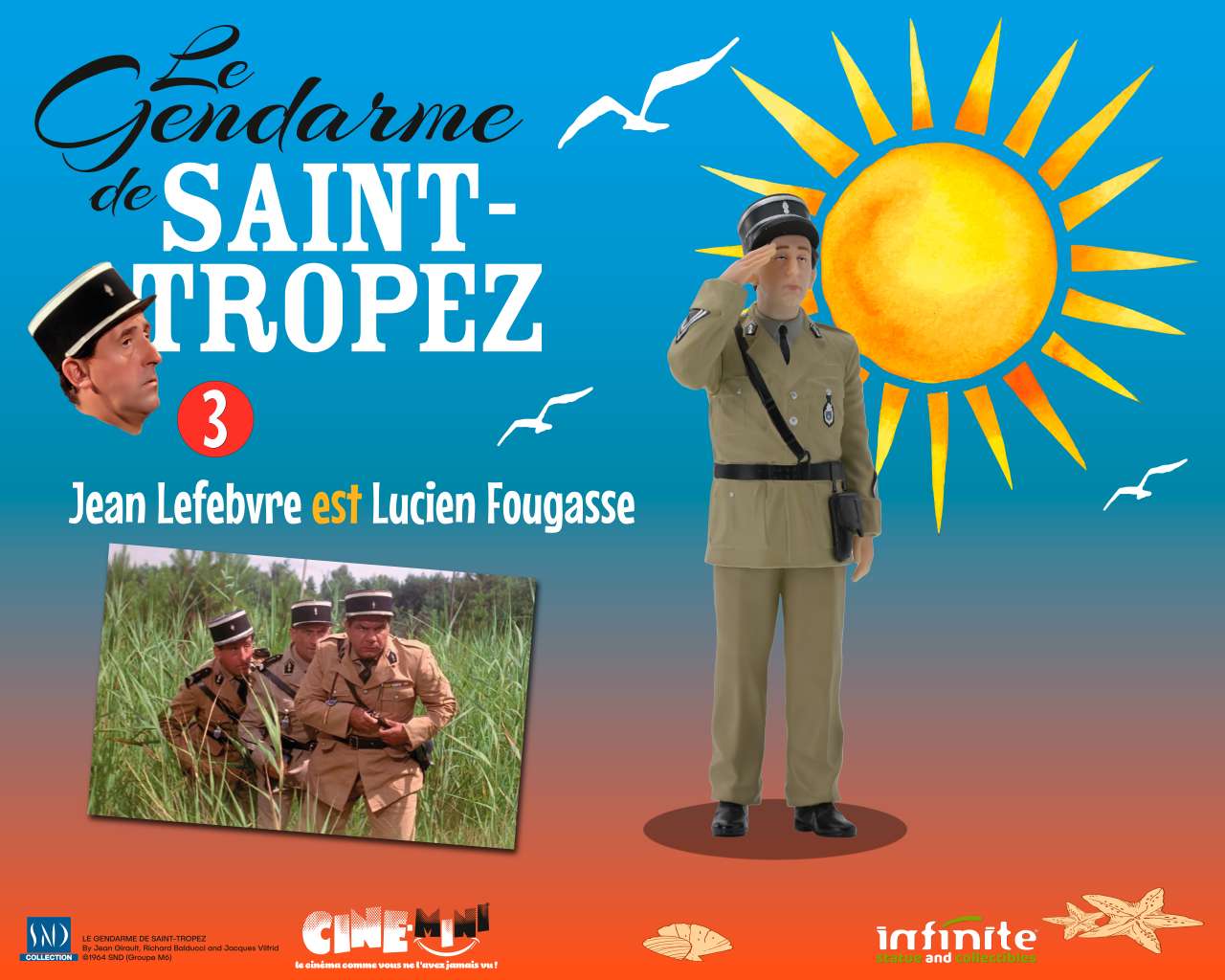 INFINITE STATUE LE GENDARME DE SAINT-TROPEZ #3 JEAN LEFEBVRE EST LUCIEN FOUGASSE CINE-MINI PVC MINI FIGURA 10 cm