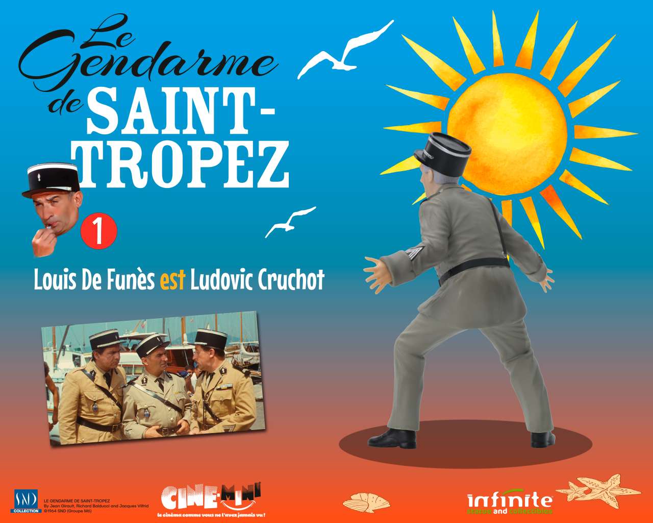 INFINITE STATUE LE GENDARME DE SAINT-TROPEZ #1 LOUIS DE FUNES EST LUDOVIC CRUCHOT CINE-MINI PVC MINI FIGURA 10 cm