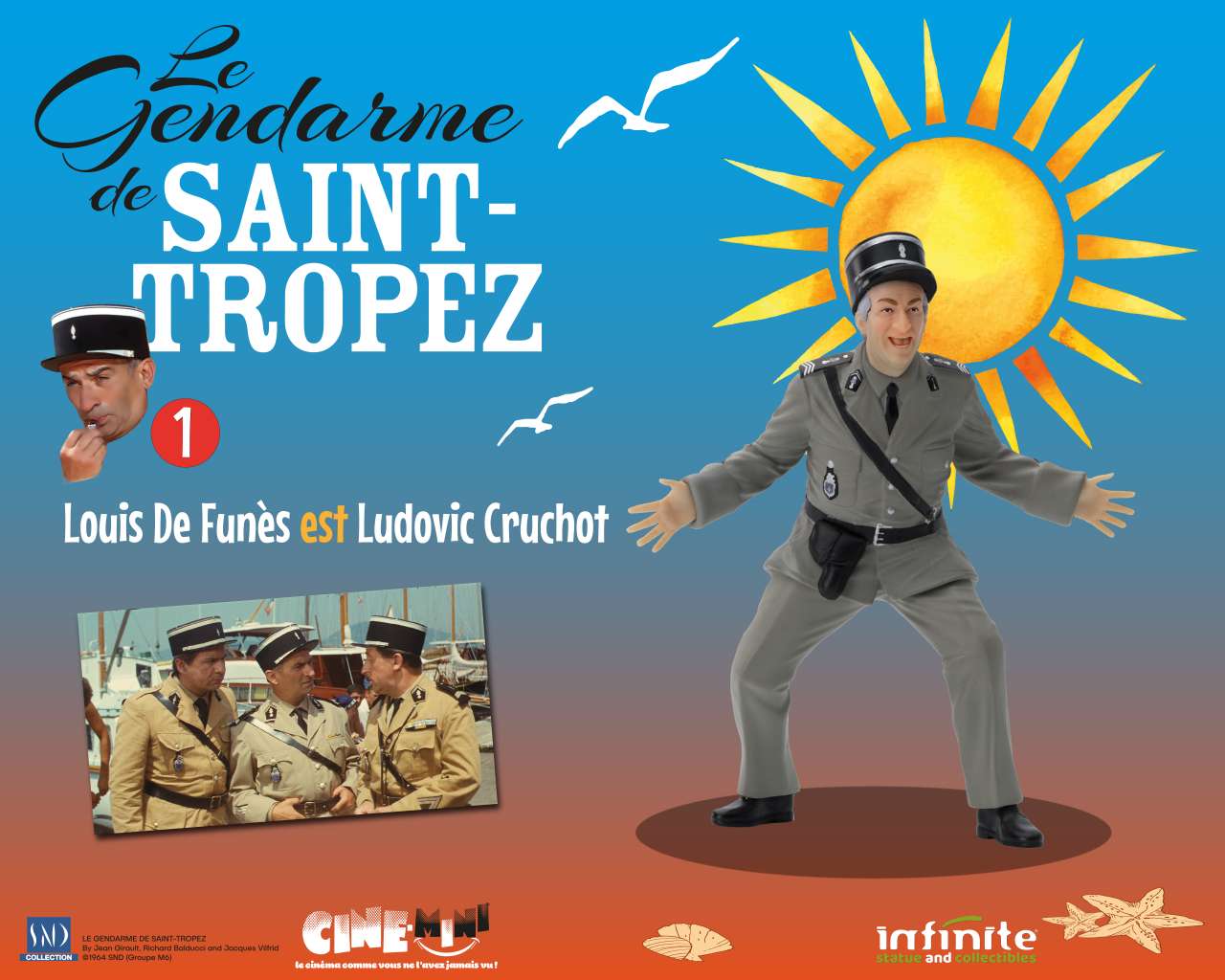 INFINITE STATUE LE GENDARME DE SAINT-TROPEZ #1 LOUIS DE FUNES EST LUDOVIC CRUCHOT CINE-MINI PVC MINI FIGURA 10 cm